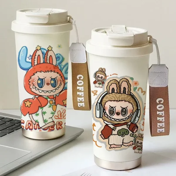 Cross-border Labu coffee cup 316 stainless steel mug with high value cartoon double drinking straw cups for men and women.